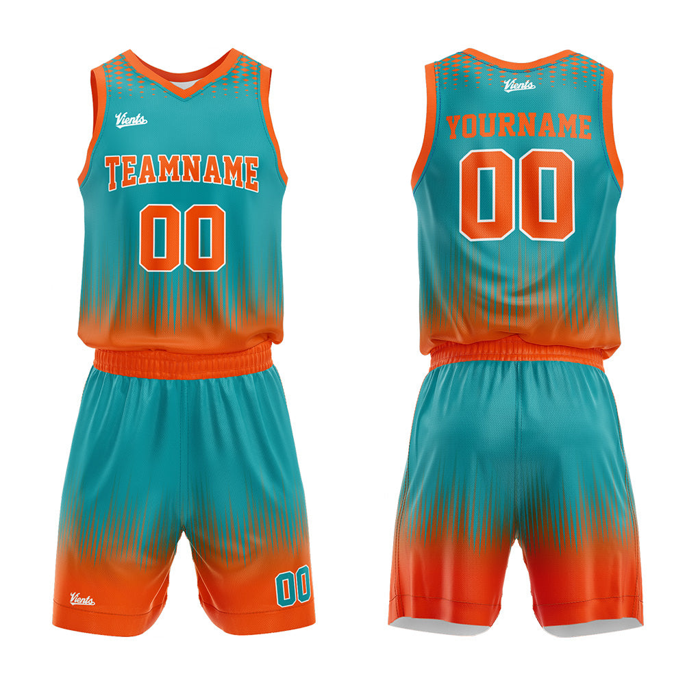 Uniforme de baloncesto personalizado color verde azulado y naranja con tu logotipo-nombre y número impresos