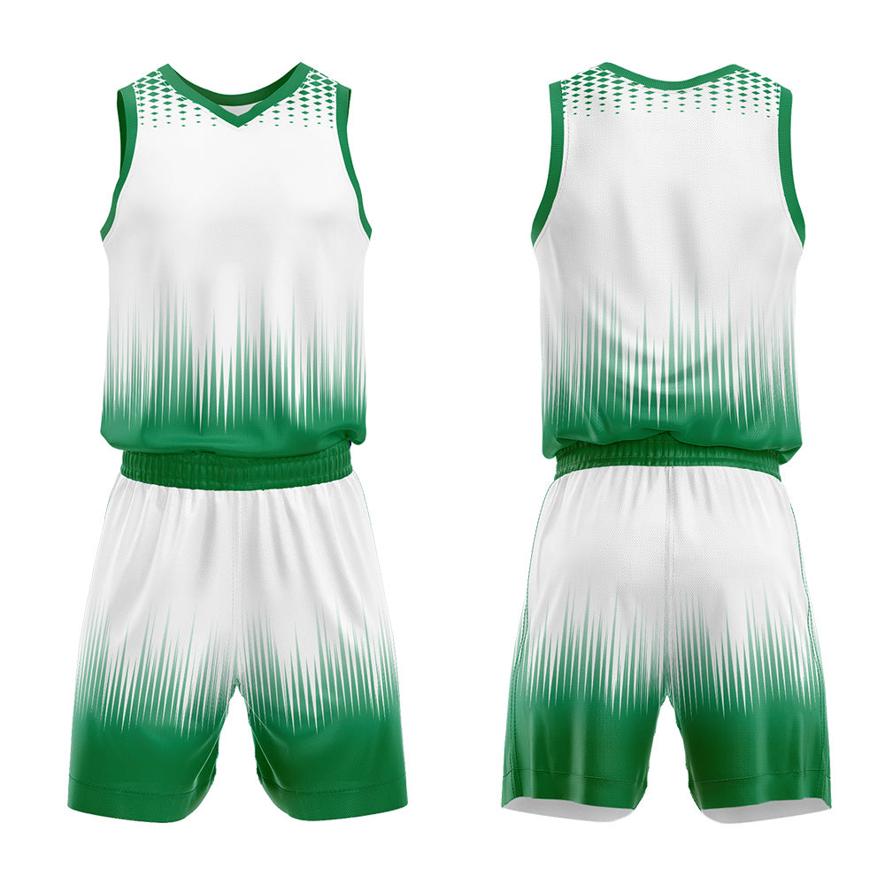 Uniforme de baloncesto personalizado blanco y verde con tu logotipo-nombre y número impresos
