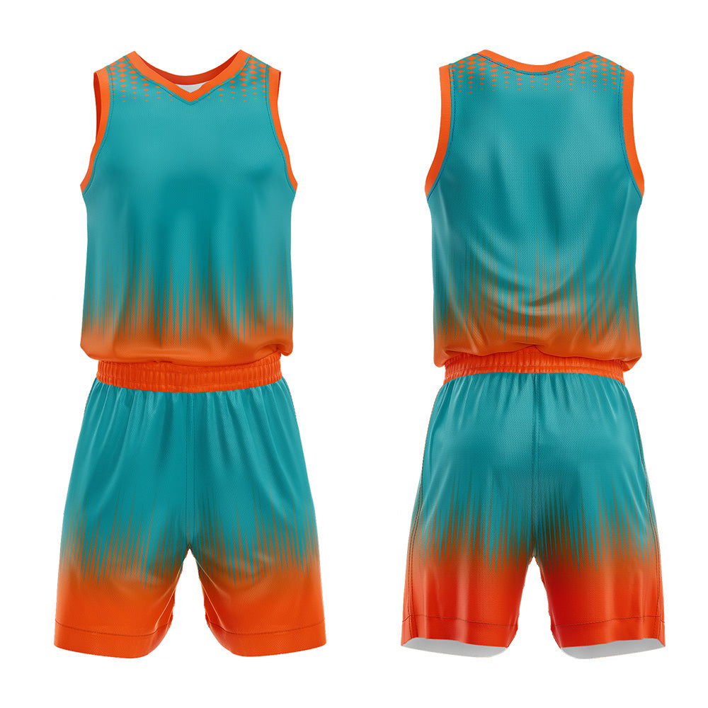 Uniforme de baloncesto personalizado color verde azulado y naranja con tu logotipo-nombre y número impresos