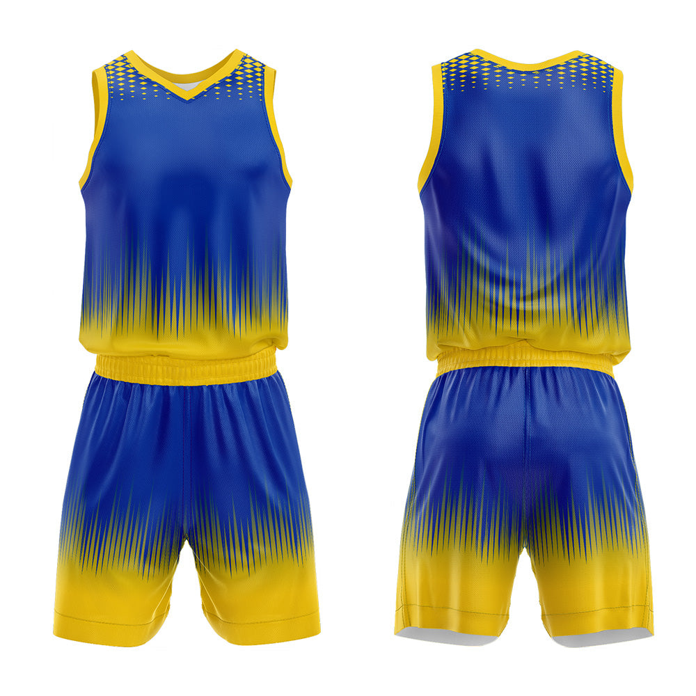 Uniforme de baloncesto personalizado color amarillo real con su logotipo-nombre y número impresos
