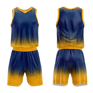 Uniforme de baloncesto personalizado azul marino y amarillo con tu logotipo-nombre y número impresos