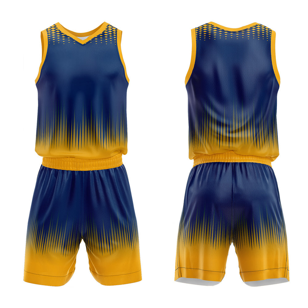 Uniforme de baloncesto personalizado azul marino y amarillo con tu logotipo-nombre y número impresos