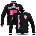 Chaquetas universitarias impermeables personalizadas en negro-rosa y azul claro con nombre-número y logotipo bordados