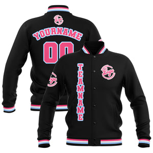 Chaquetas universitarias impermeables personalizadas en negro-rosa y azul claro con nombre-número y logotipo bordados