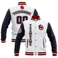 Chaquetas universitarias impermeables personalizadas en blanco-azul marino y rojo con nombre-número y logotipo bordados a medida