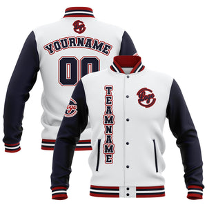 Chaquetas universitarias impermeables personalizadas en blanco-azul marino y rojo con nombre-número y logotipo bordados a medida