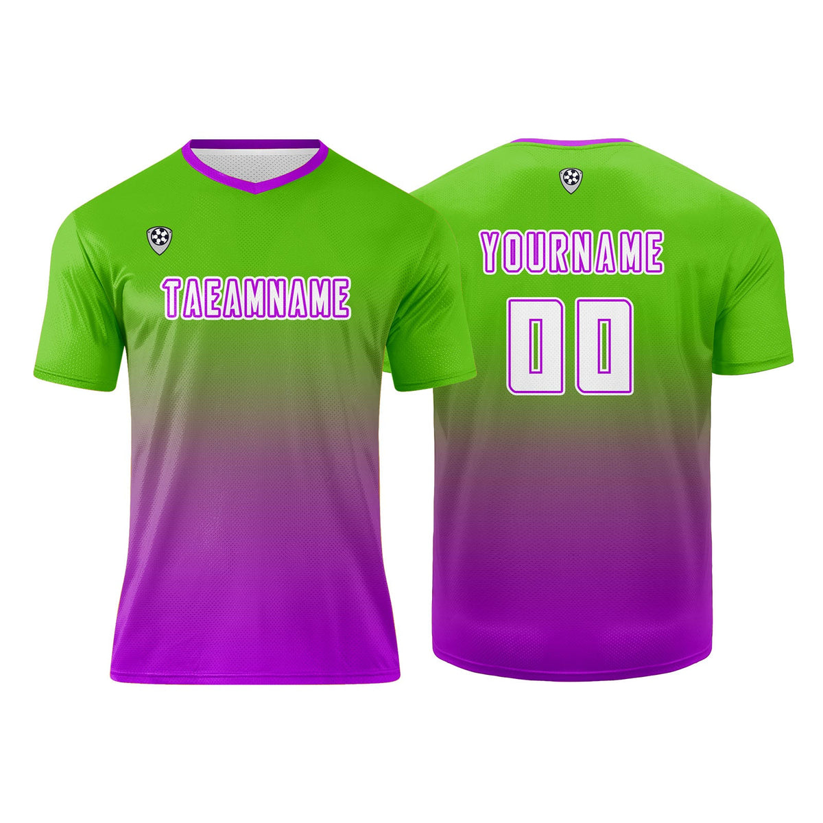 Conjunto personalizado de camiseta de uniforme verde y morado para niños y adultos