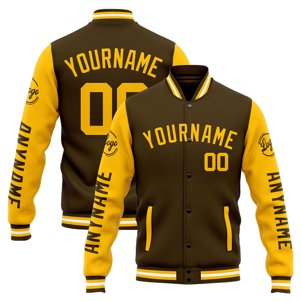 Chaqueta universitaria personalizada estilo Letterman para hombres-mujeres y jóvenes-color marrón y amarillo