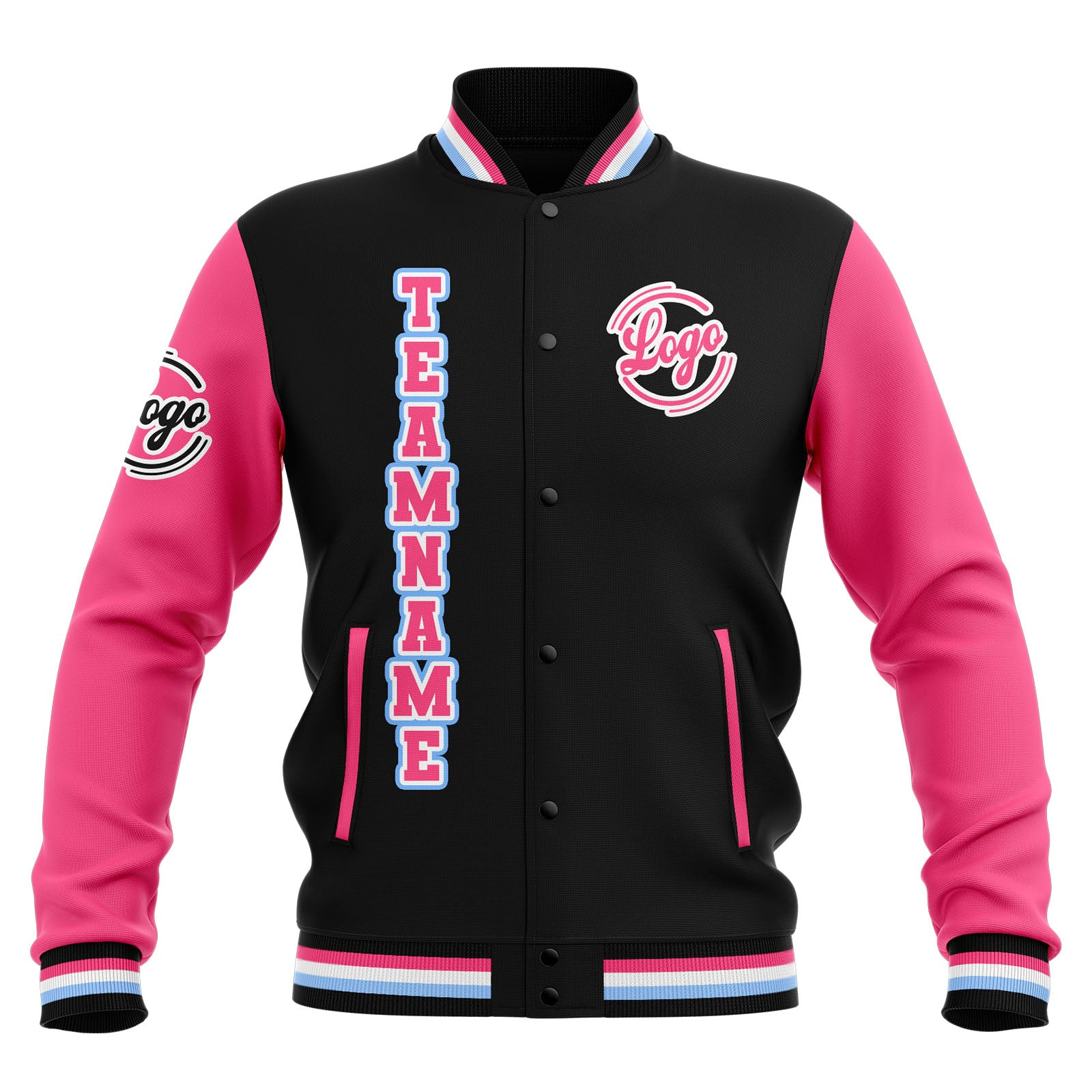 Chaquetas universitarias impermeables personalizadas en negro-rosa y azul claro con nombre-número y logotipo bordados