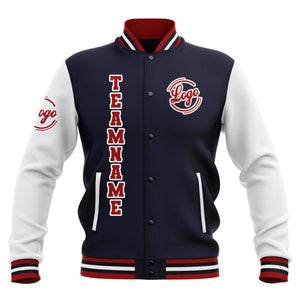 Chaquetas universitarias impermeables personalizadas en azul marino-blanco y rojo con nombre-número y logotipo bordados a medida