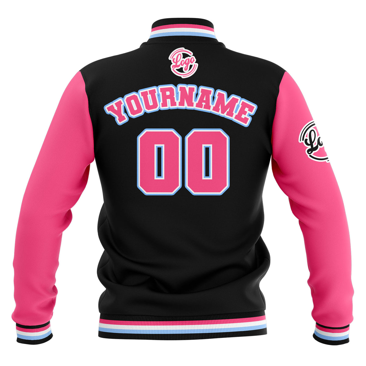 Chaquetas universitarias impermeables personalizadas en negro-rosa y azul claro con nombre-número y logotipo bordados
