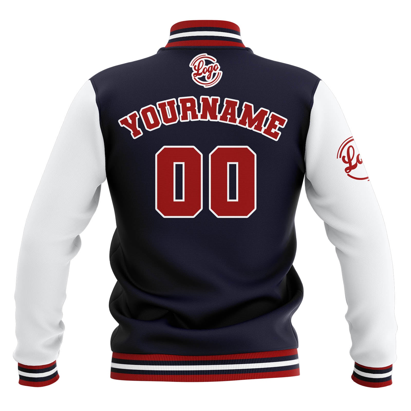 Chaquetas universitarias impermeables personalizadas en azul marino-blanco y rojo con nombre-número y logotipo bordados a medida