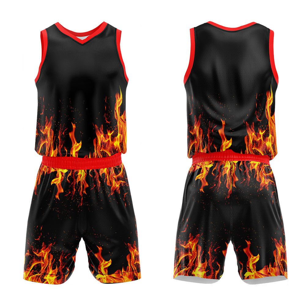 Uniforme de baloncesto personalizado con estampado de llamas-tu logotipo-nombre y número impresos