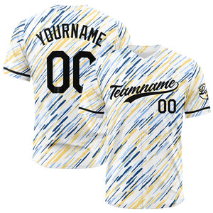 Camiseta de béisbol con dise?o personalizado estampado completo en blanco amarillo y azul