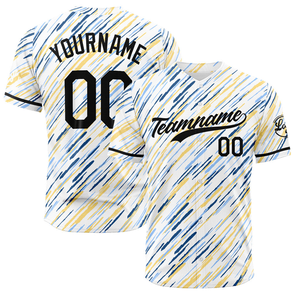 Camiseta de béisbol con dise?o personalizado estampado completo en blanco amarillo y azul