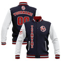 Chaquetas universitarias impermeables personalizadas en azul marino-blanco y rojo con nombre-número y logotipo bordados a medida