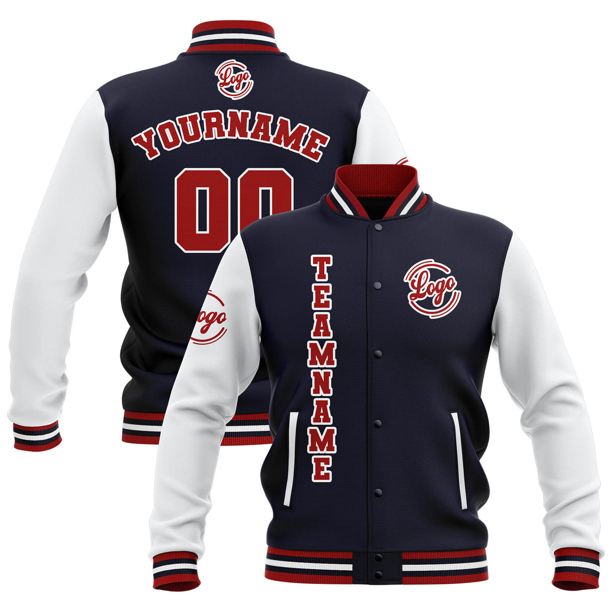 Chaquetas universitarias impermeables personalizadas en azul marino-blanco y rojo con nombre-número y logotipo bordados a medida