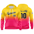 Sudadera con capucha personalizada con degradado para hombre-mujer-niña o niño Estampa tu logotipo-nombre y número en amarillo y rosa intenso