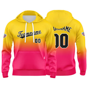 Sudadera con capucha personalizada con degradado para hombre-mujer-niña o niño Estampa tu logotipo-nombre y número en amarillo y rosa intenso