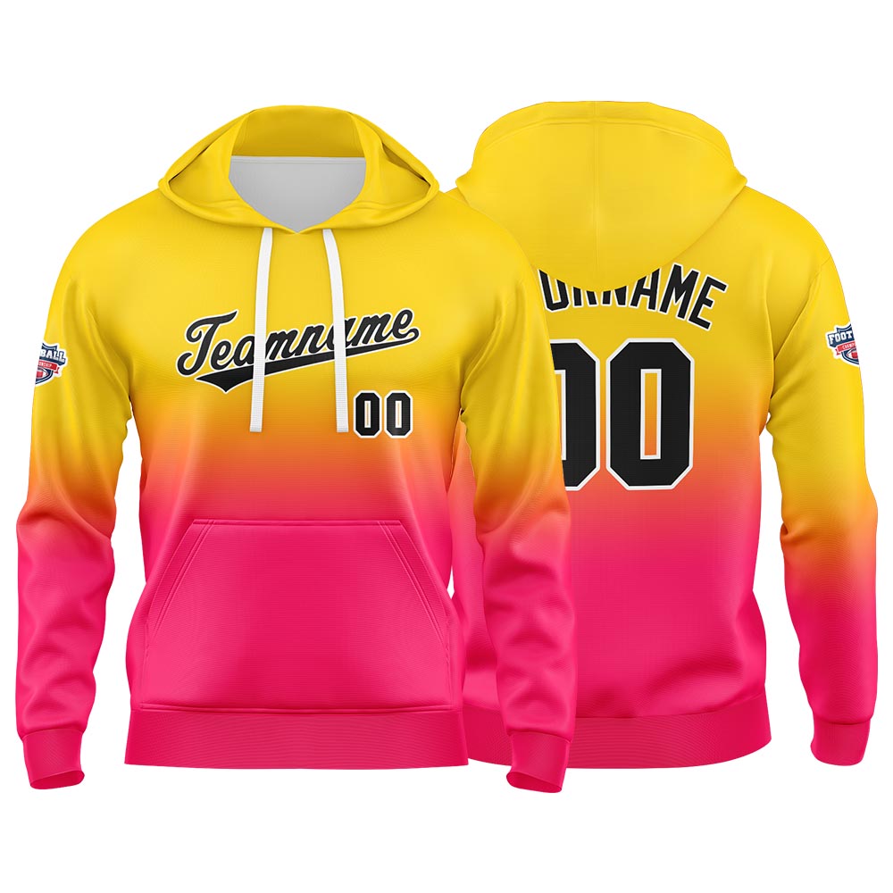Sudadera con capucha personalizada con degradado para hombre-mujer-niña o niño Estampa tu logotipo-nombre y número en amarillo y rosa intenso