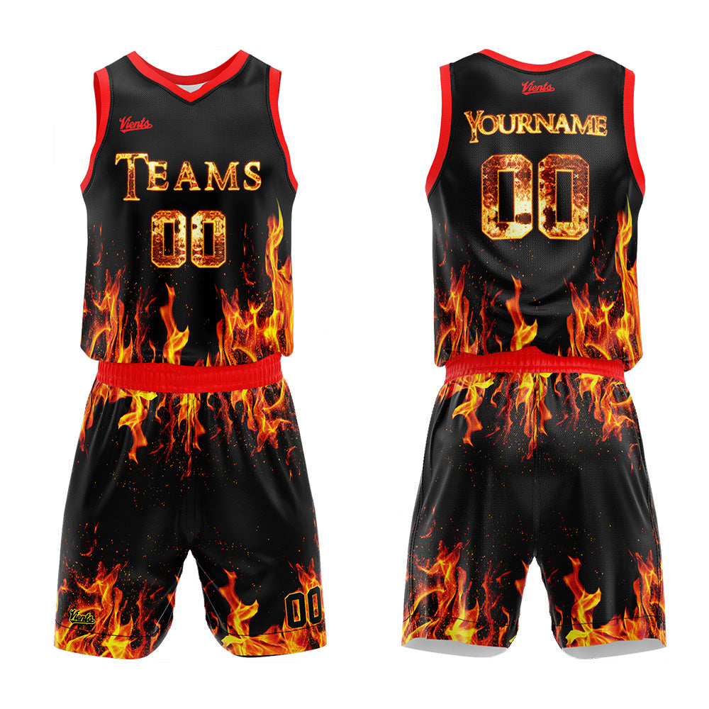 Uniforme de baloncesto personalizado con estampado de llamas-tu logotipo-nombre y número impresos