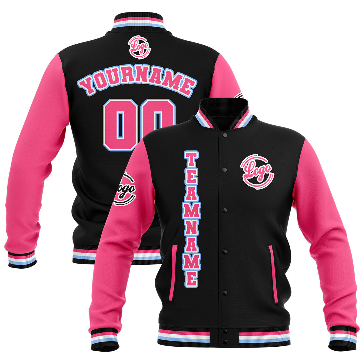 Chaquetas universitarias impermeables personalizadas en negro-rosa y azul claro con nombre-número y logotipo bordados