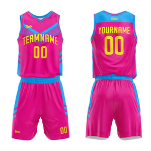 Uniforme de baloncesto personalizado rosa fucsia y azul con tu logotipo-nombre y número impresos