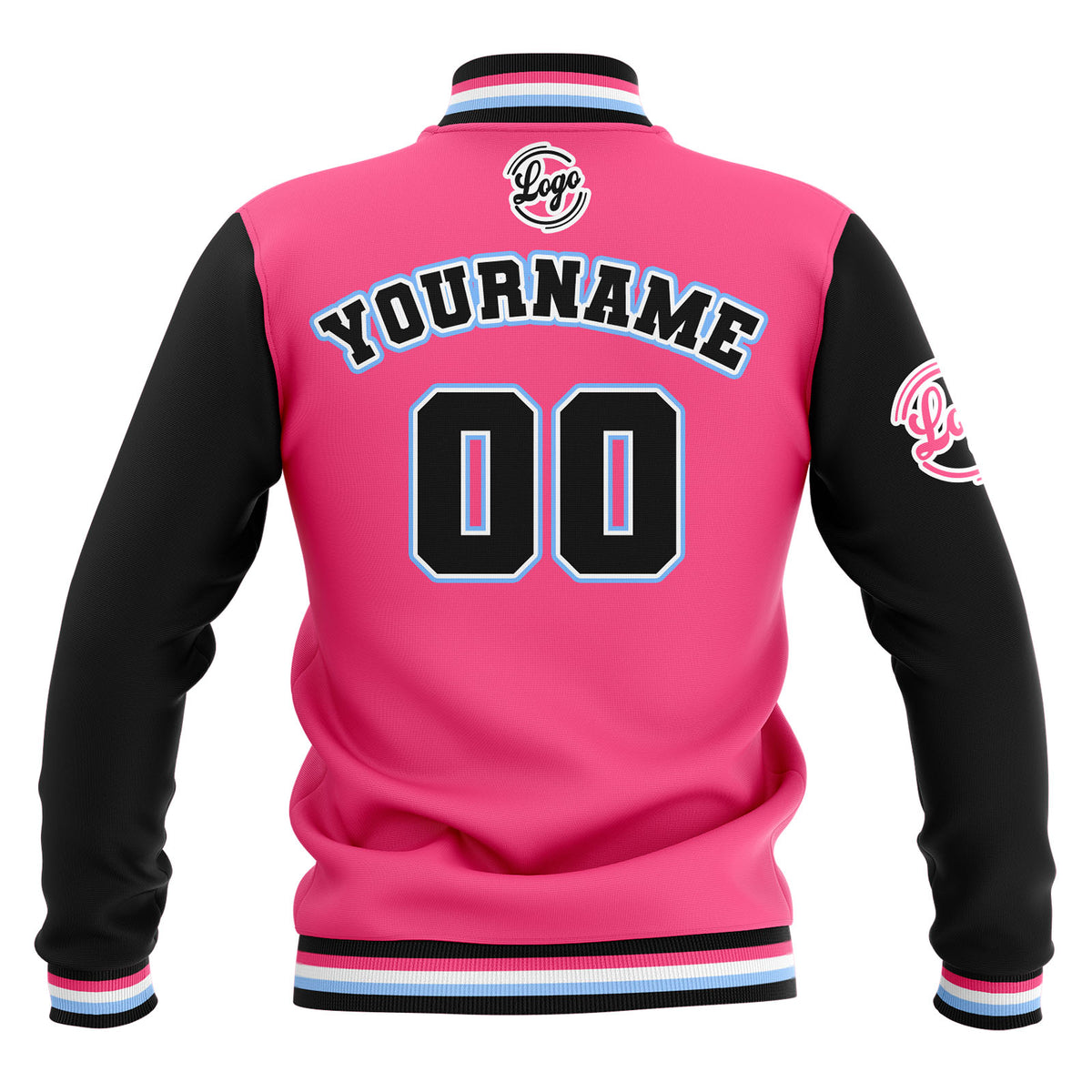 Chaquetas universitarias impermeables personalizadas en negro-rosa y azul claro con nombre-número y logotipo bordados