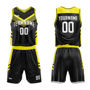 Uniforme de baloncesto personalizado negro y amarillo con tu logotipo-nombre y número impresos