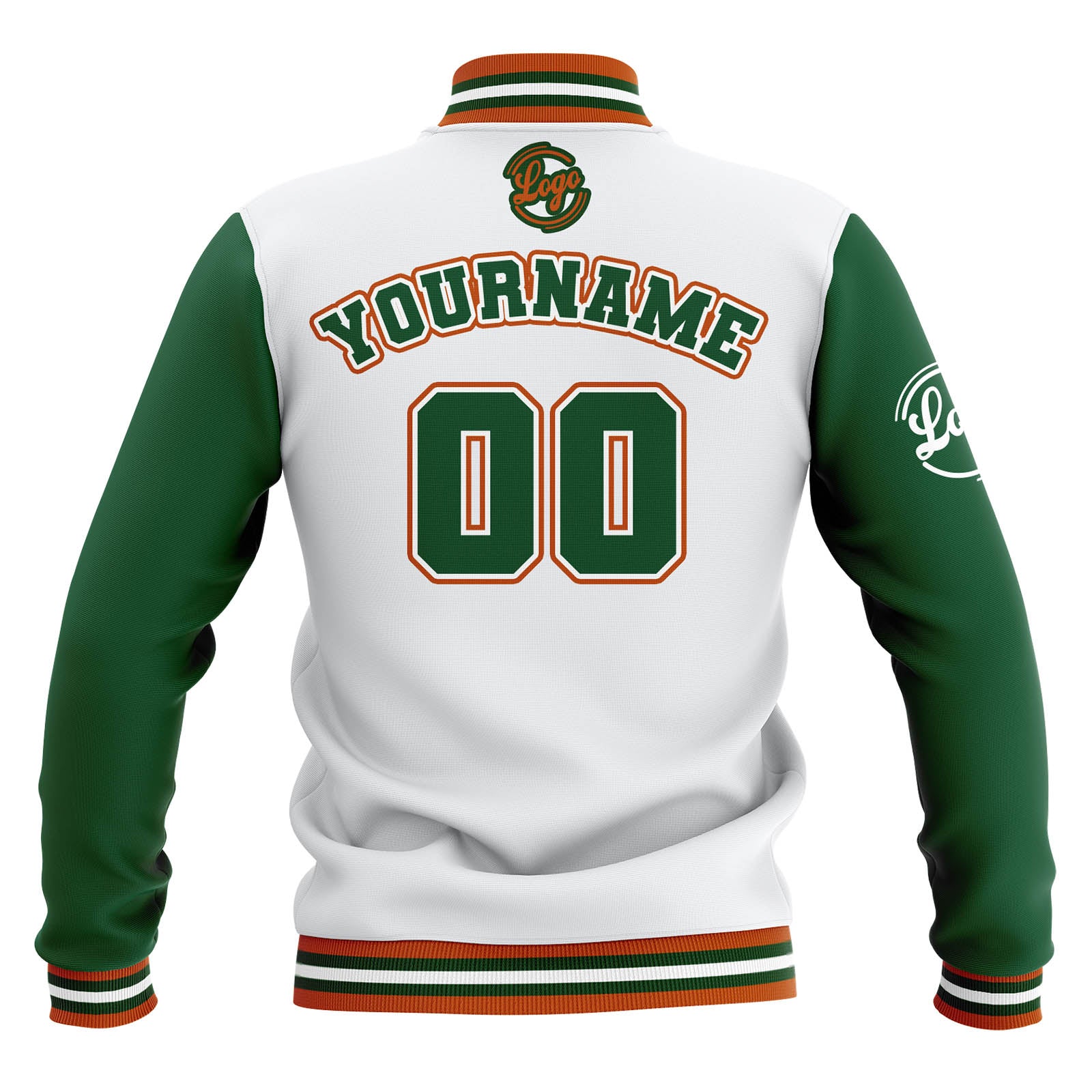 Chaquetas universitarias impermeables personalizadas en blanco-verde y naranja con nombre-número y logotipo bordados