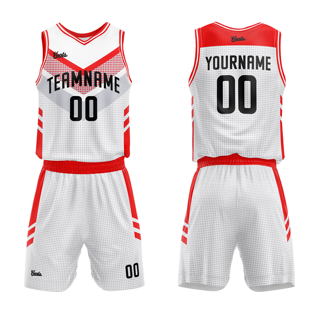 Uniforme de baloncesto personalizado blanco y rojo con tu logotipo-nombre y número impresos
