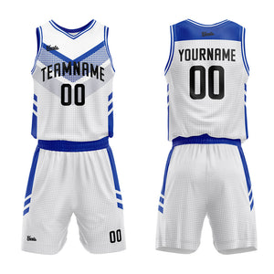 Uniforme de baloncesto personalizado blanco y azul con tu logotipo-nombre y número impresos