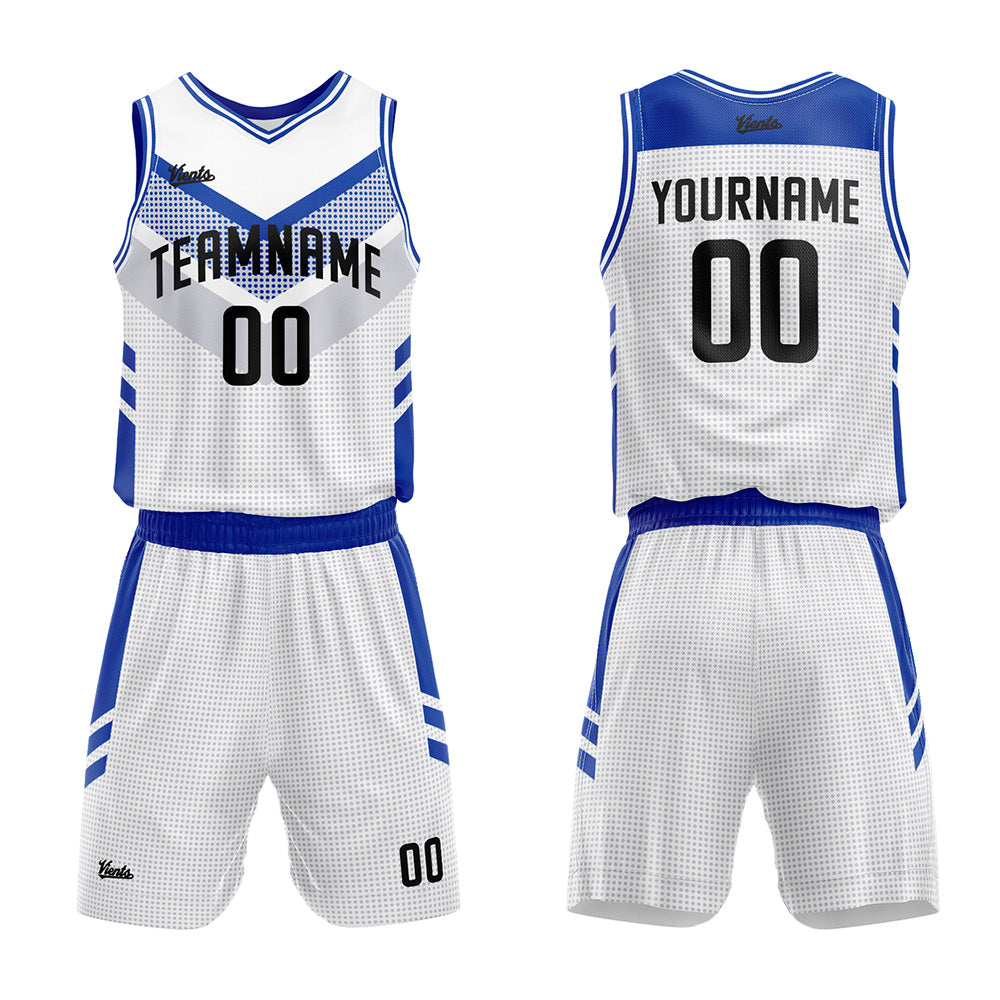 Uniforme de baloncesto personalizado blanco y azul con tu logotipo-nombre y número impresos