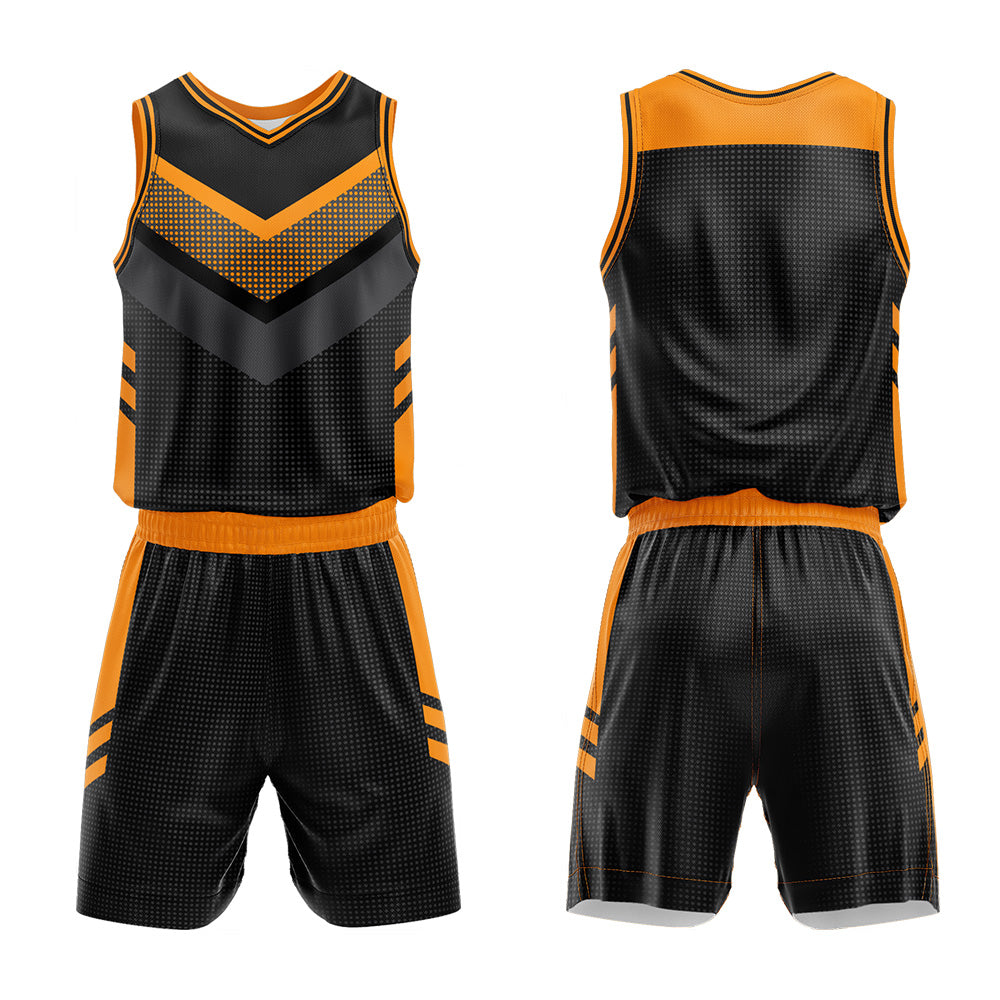 Uniforme de baloncesto personalizado en negro y naranja con tu logotipo-nombre y número impresos