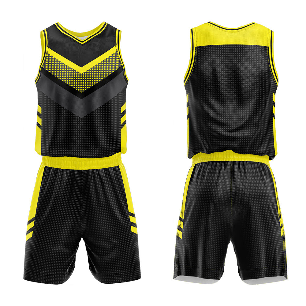 Uniforme de baloncesto personalizado negro y amarillo con tu logotipo-nombre y número impresos