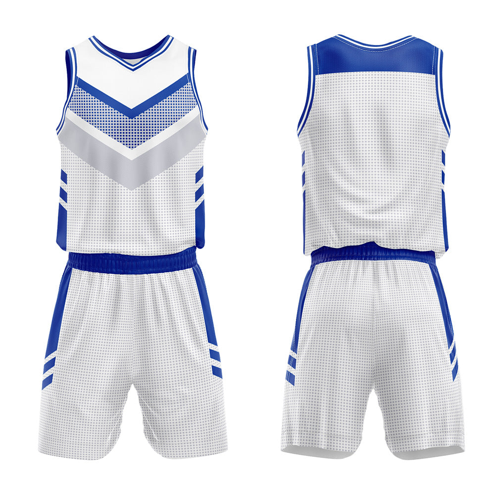 Uniforme de baloncesto personalizado blanco y azul con tu logotipo-nombre y número impresos