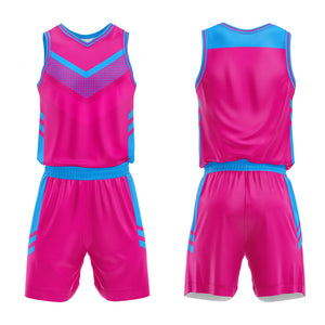 Uniforme de baloncesto personalizado rosa fucsia y azul con tu logotipo-nombre y número impresos