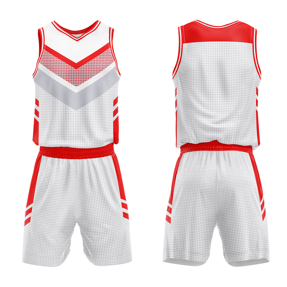 Uniforme de baloncesto personalizado blanco y rojo con tu logotipo-nombre y número impresos