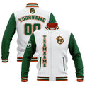 Chaquetas universitarias impermeables personalizadas en blanco-verde y naranja con nombre-número y logotipo bordados