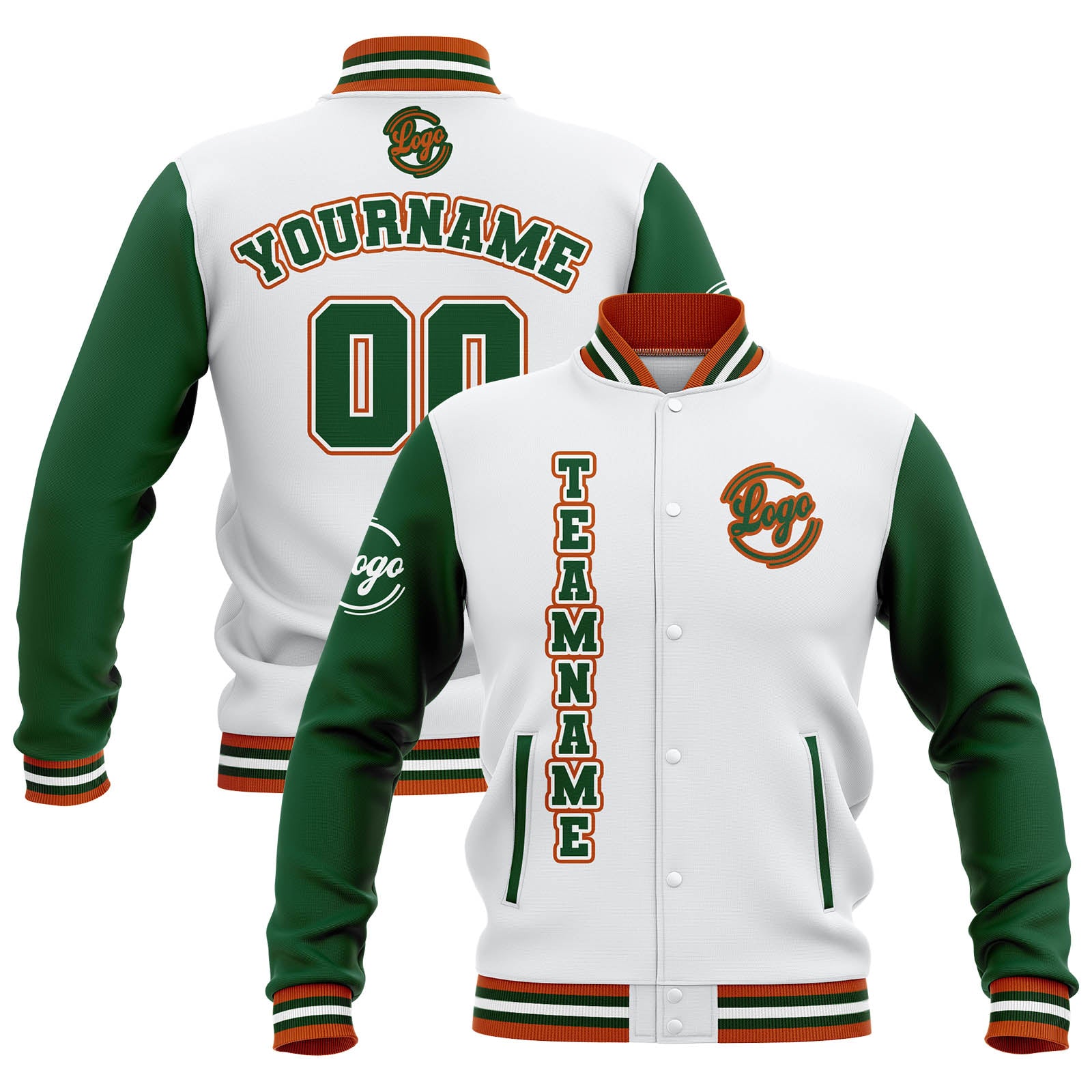 Chaquetas universitarias impermeables personalizadas en blanco-verde y naranja con nombre-número y logotipo bordados