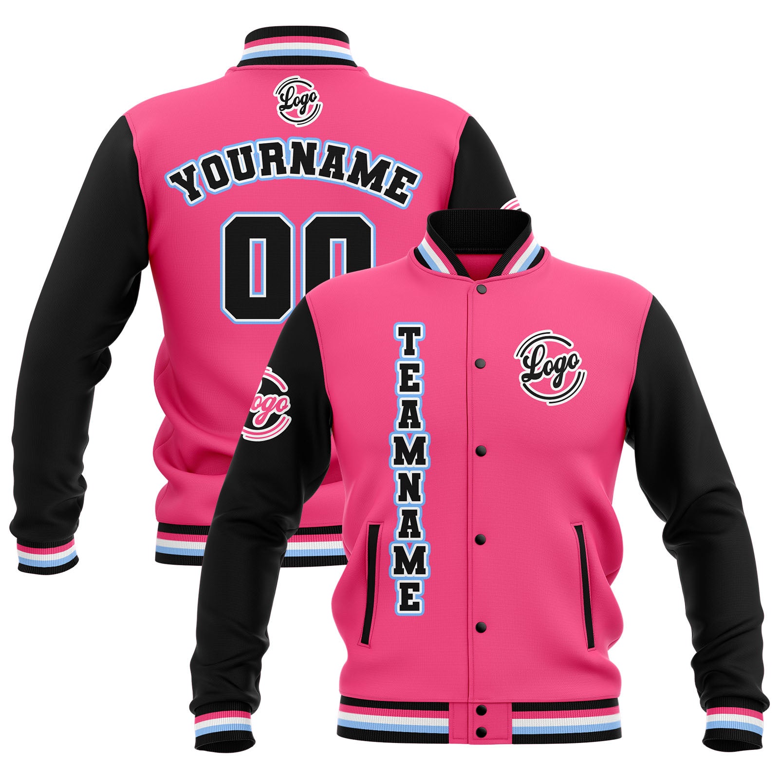 Chaquetas universitarias impermeables personalizadas en negro-rosa y azul claro con nombre-número y logotipo bordados