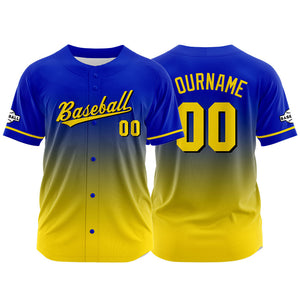 Camiseta de béisbol con dise?o personalizado estampado completo en amarillo y azul