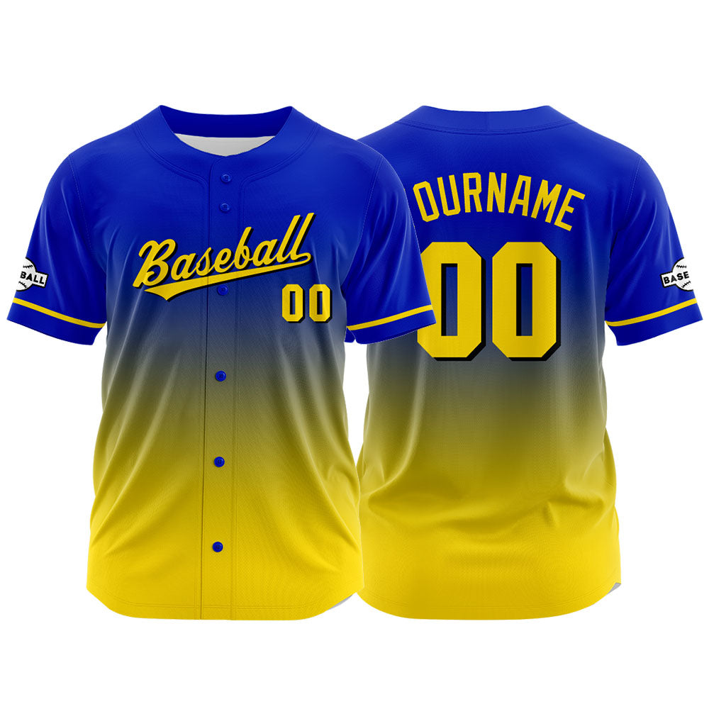 Camiseta de béisbol con dise?o personalizado estampado completo en amarillo y azul