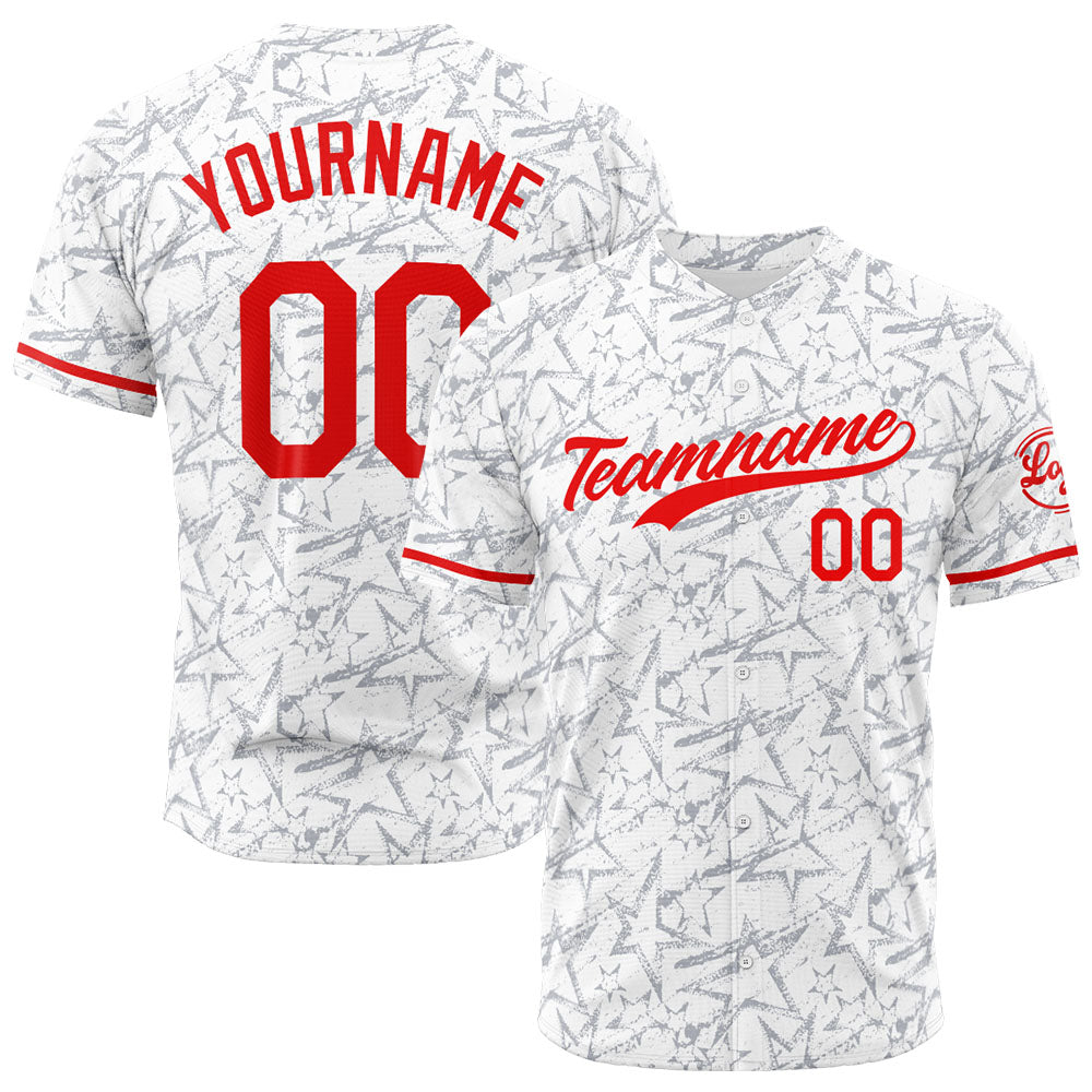 Camiseta de béisbol con dise?o personalizado estampado completo color blanco y rojo