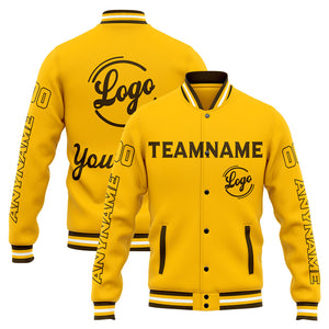 Chaqueta universitaria personalizada estilo Letterman para hombres-mujeres y jóvenes-color marrón y amarillo