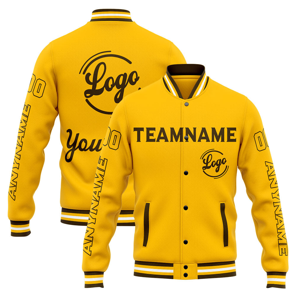 Chaqueta universitaria personalizada estilo Letterman para hombres-mujeres y jóvenes-color marrón y amarillo