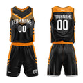 Uniforme de baloncesto personalizado en negro y naranja con tu logotipo-nombre y número impresos