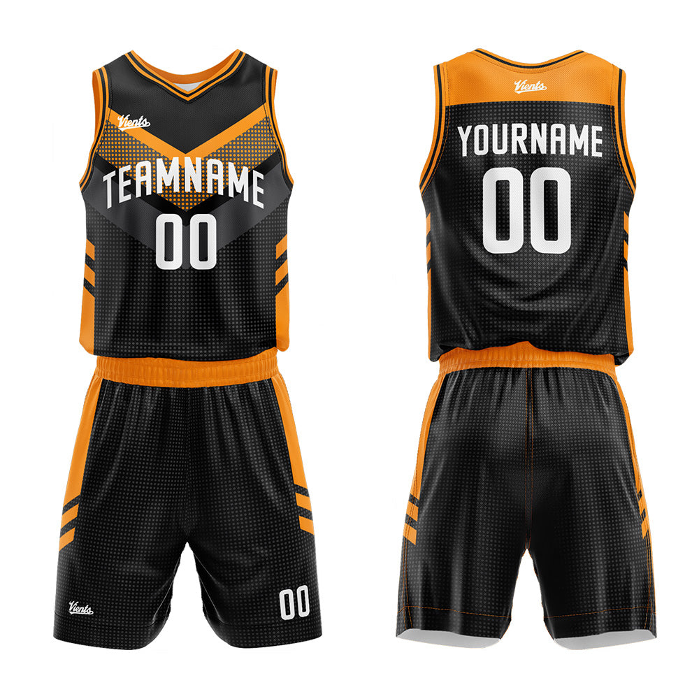 Uniforme de baloncesto personalizado en negro y naranja con tu logotipo-nombre y número impresos