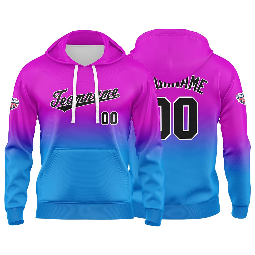 Sudadera con capucha personalizada con degradado para hombre-mujer-niña o niño Estampa tu logotipo-nombre o número en rosa-morado y azul
