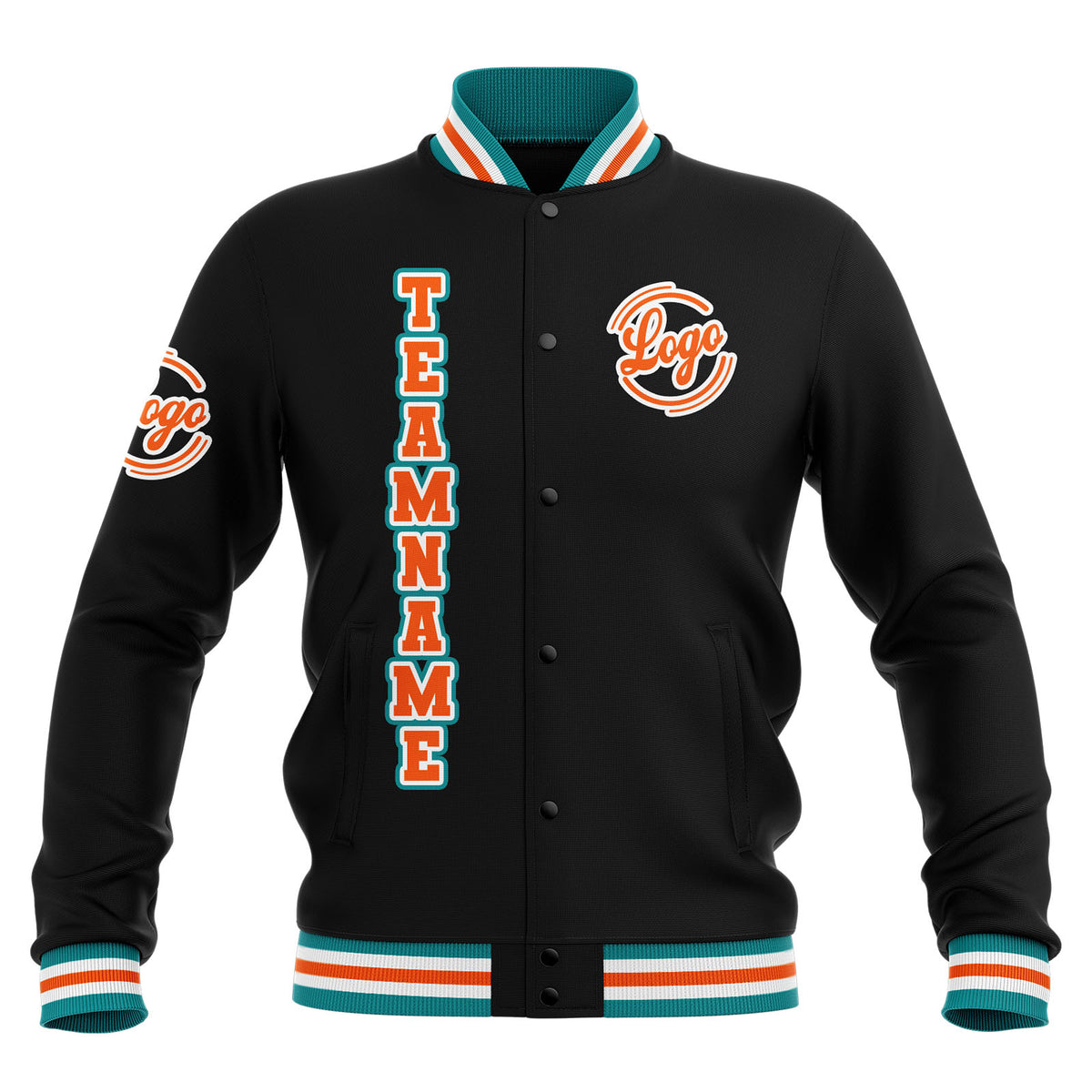 Chaquetas universitarias impermeables personalizadas en negro-verde azulado y naranja con nombre-número y logotipo bordados